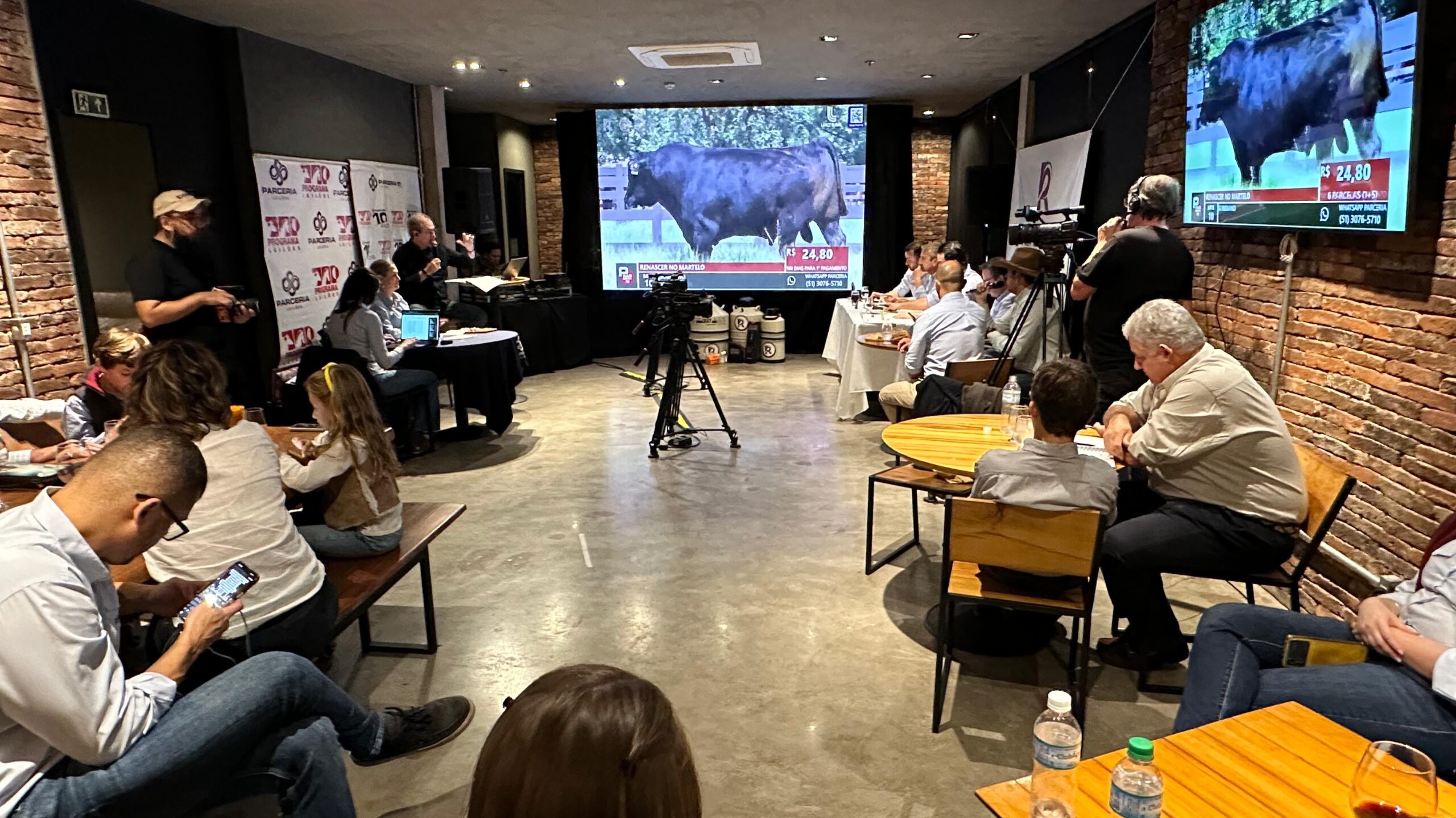 Público acompanha o leilão Renascer no Martelo durante a Expoutono, em Uruguaiana (RS), com destaque para a comercialização de sêmen de reprodutores multirraças.